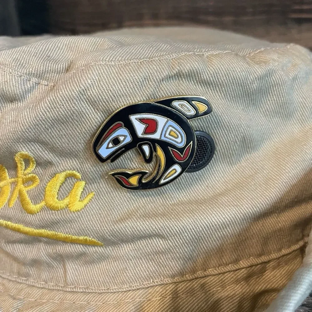Vintage Northwest Coast Alaska Fishing Hat Orca Native Art, Flag, Walrus Pins